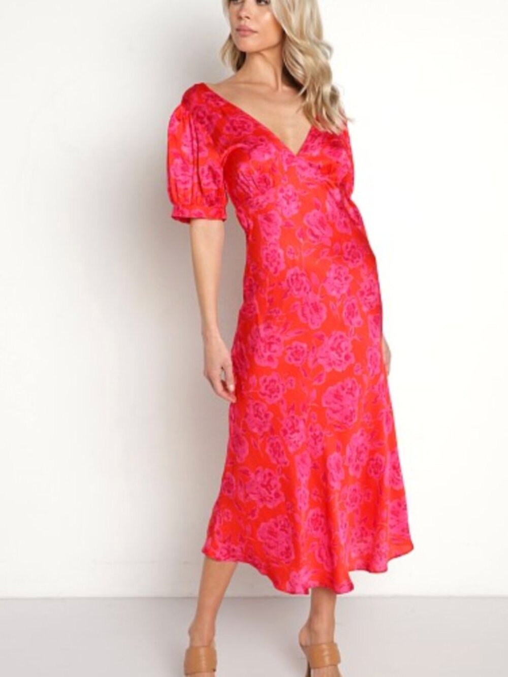 Jen's Pirate Booty Daisy Circle Neon Pink Floral Puff Sleeve Midi Dress